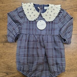 Nou Nelle Plaid Baby Romper with Embroidered Collar